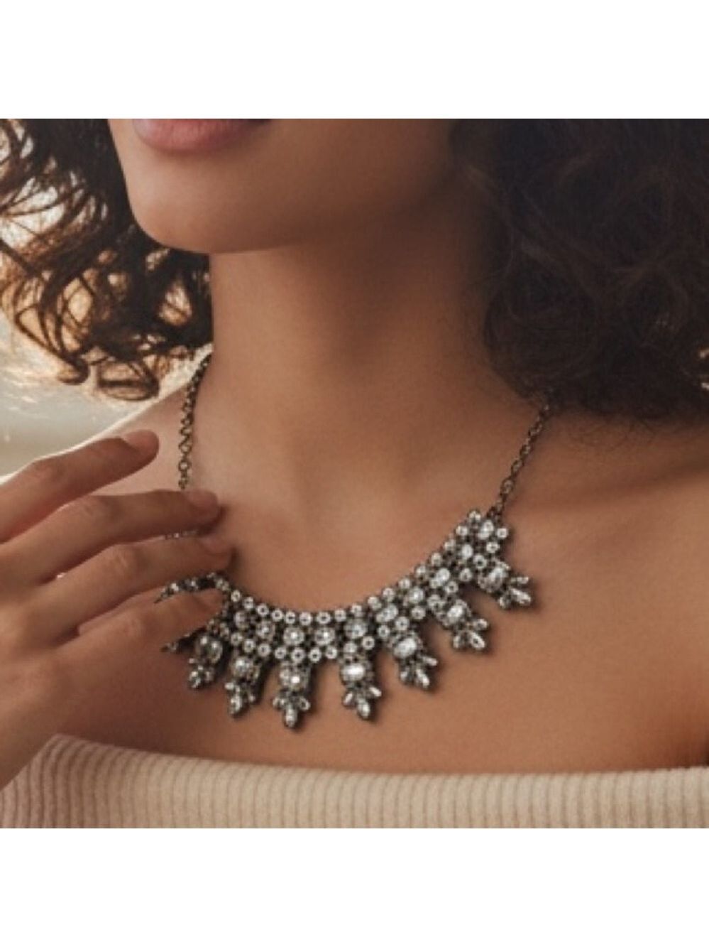 J Crew Necklace Rhinestone Statement Bib Clear Goldtone Chain 2412